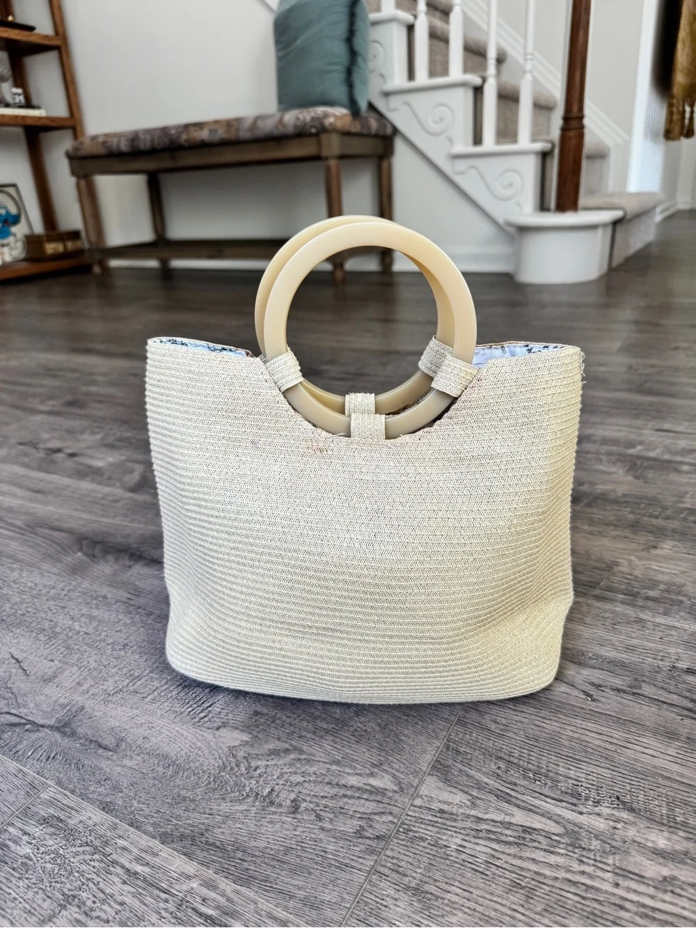 Liz Claiborne Cream Straw Tote with Circular Handles